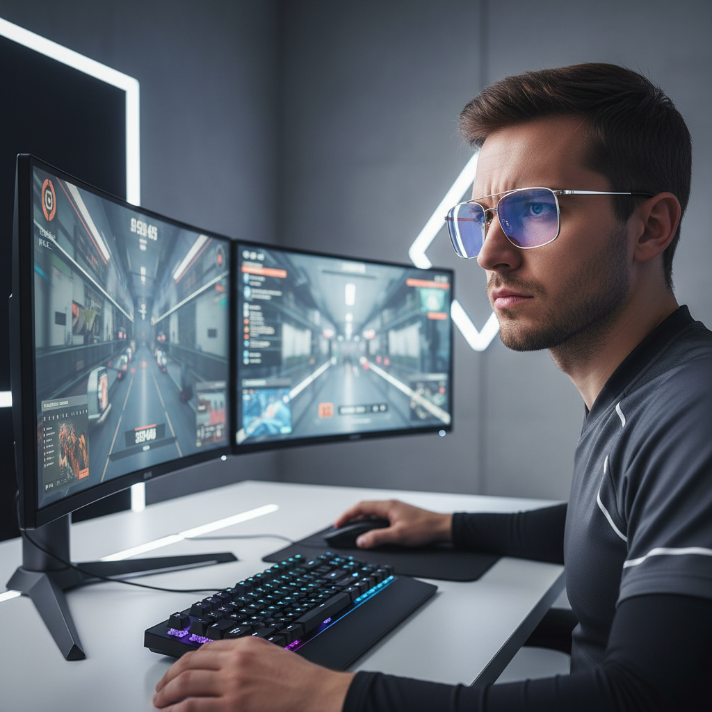 okulary w profesjonalnym setupie gamingowym para okularów gamingowych na stojaku obok monitora zakrzywionego w setupie e-sportowym